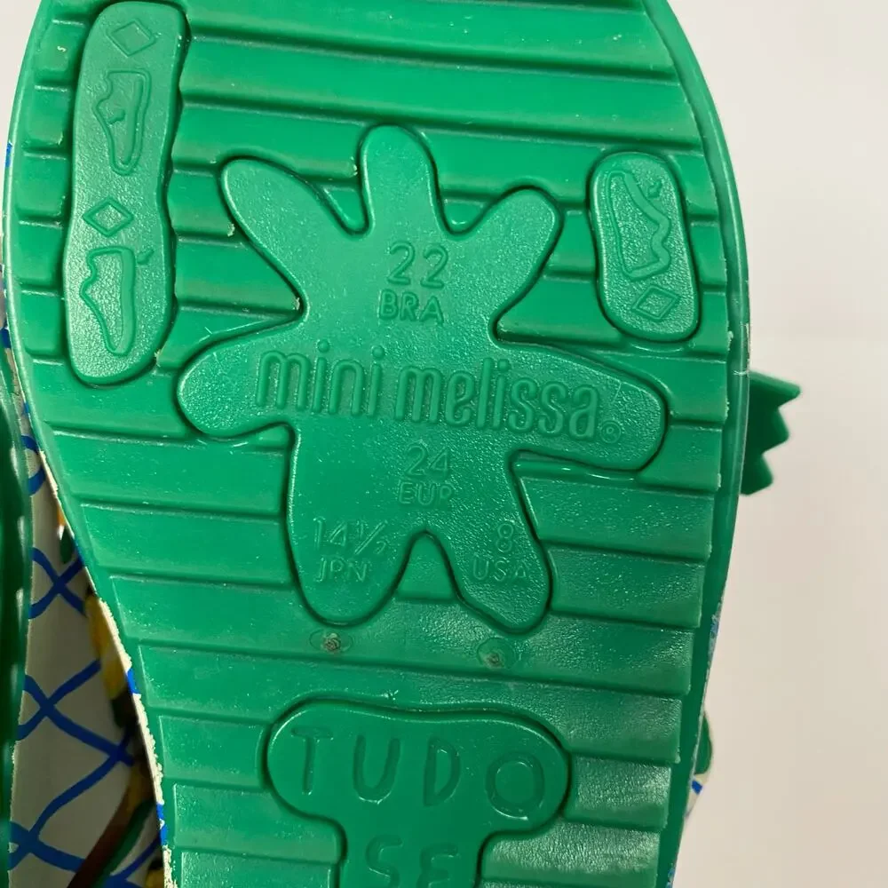 Mini Melissa White Blue Grid Sandals with Yellow, Green & Red Accents
